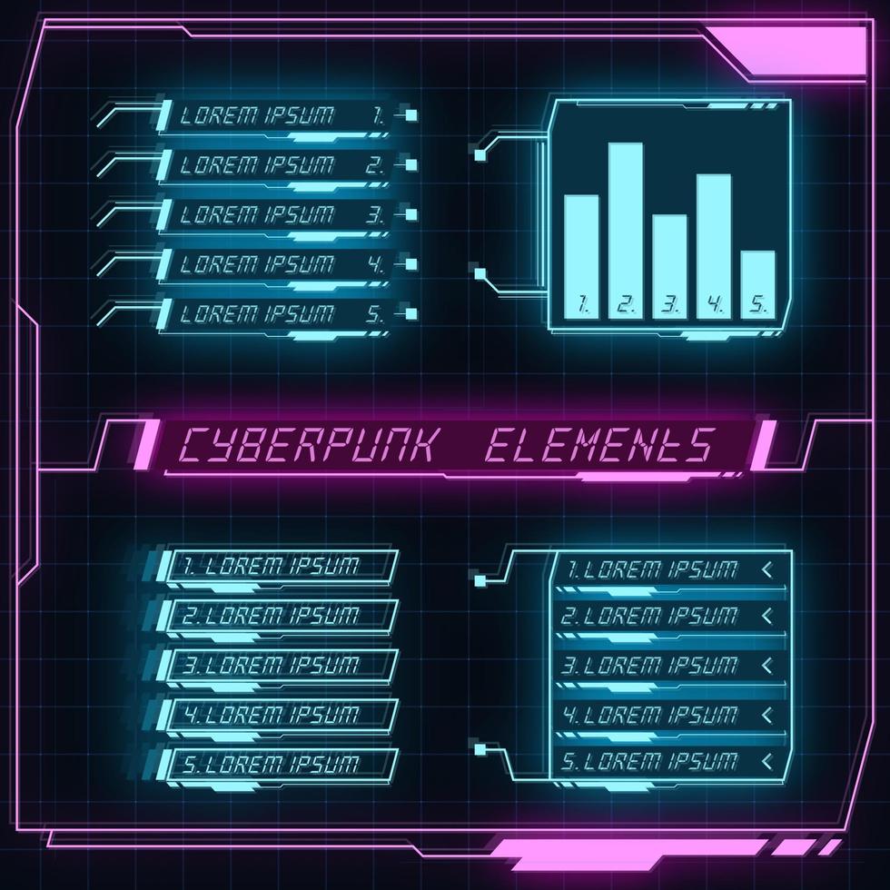 Scifi futuristic control panel collection of HUD elements GUI VR UI design Cyberpunk retro style. vector