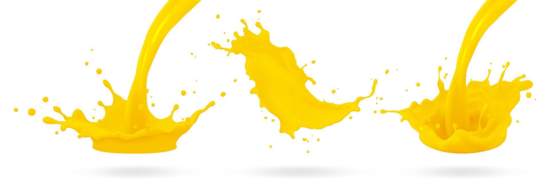 Orange juice, splatter orange splashes of paint, 3d realistic vector illustration