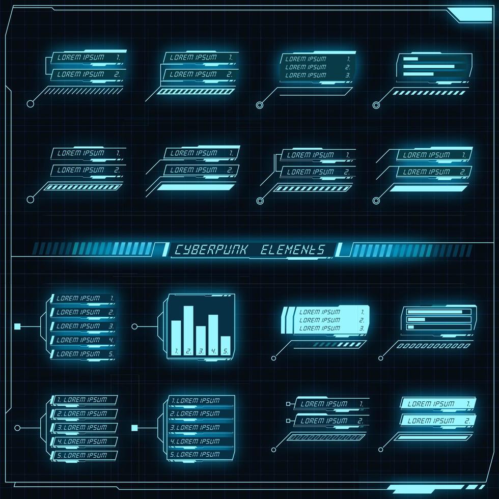 Scifi futuristic control panel collection of HUD elements GUI VR UI design Cyberpunk retro style. vector