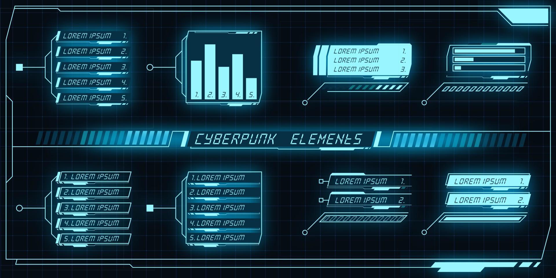 Scifi futuristic control panel collection of HUD elements GUI VR UI design Cyberpunk retro style. vector