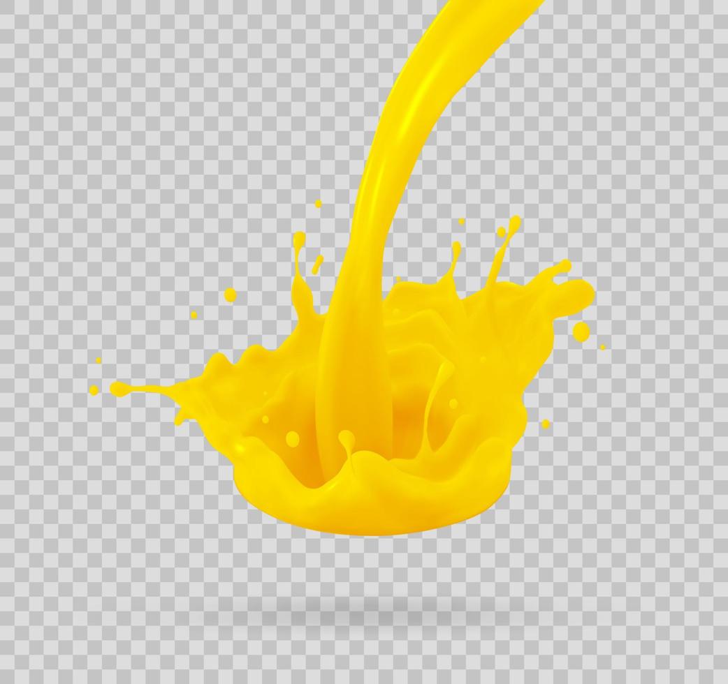 Orange juice, splatter orange splashes of paint, 3d realistic vector illustration