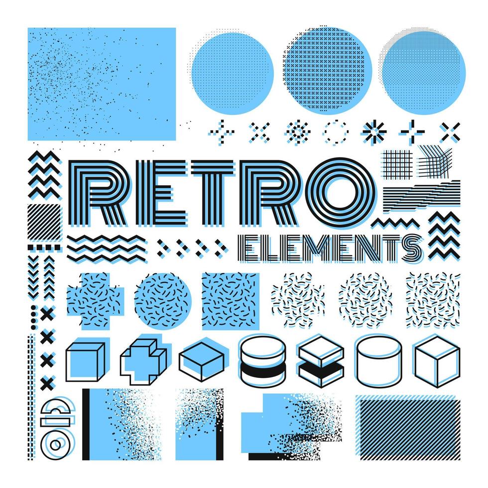 elementos de diseño vectorial de memphis. conjunto de gráficos retro, tendencias de diseño de los años 80 e ilustración de elementos geométricos antiguos. colección de símbolos de memphis aislados vectoriales vector