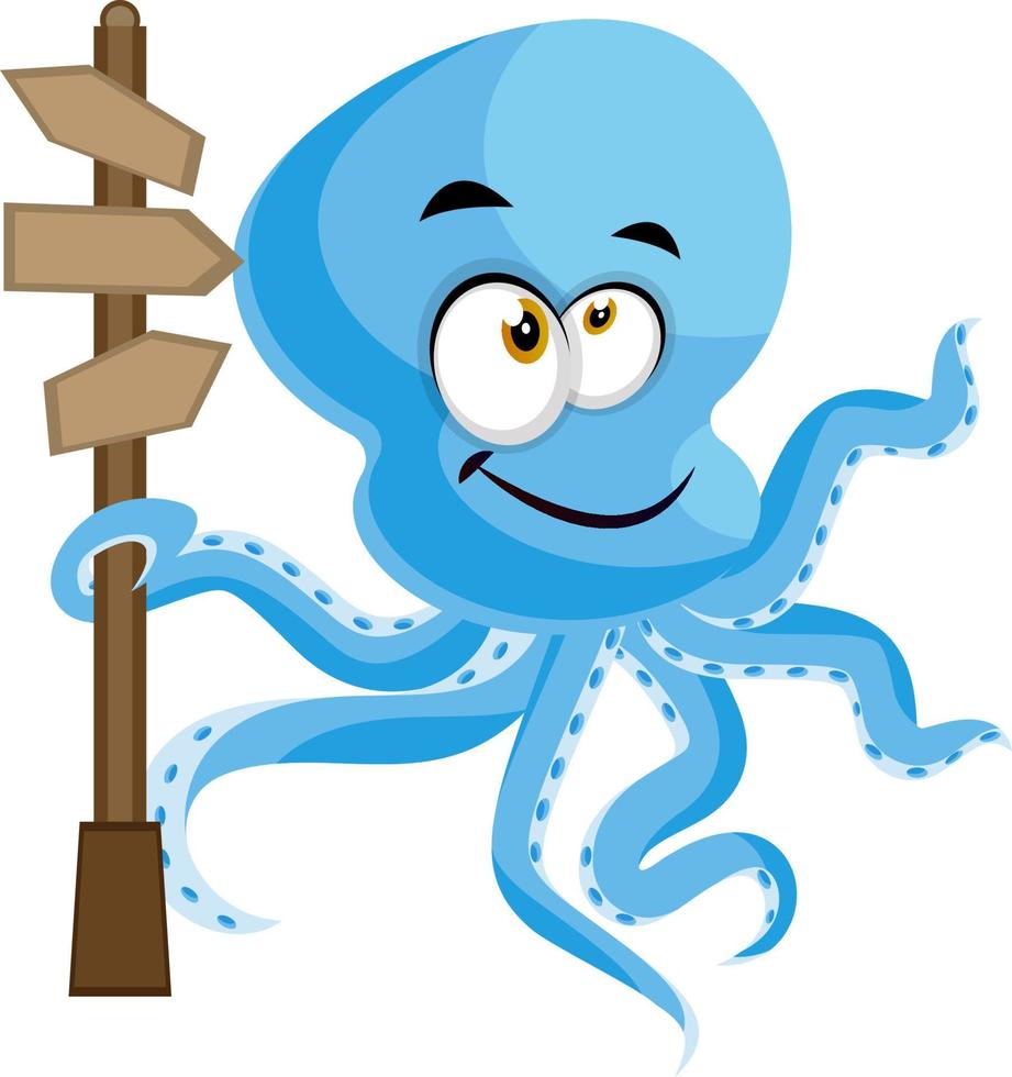 Octopus with road sign, illustration, vector on white background.