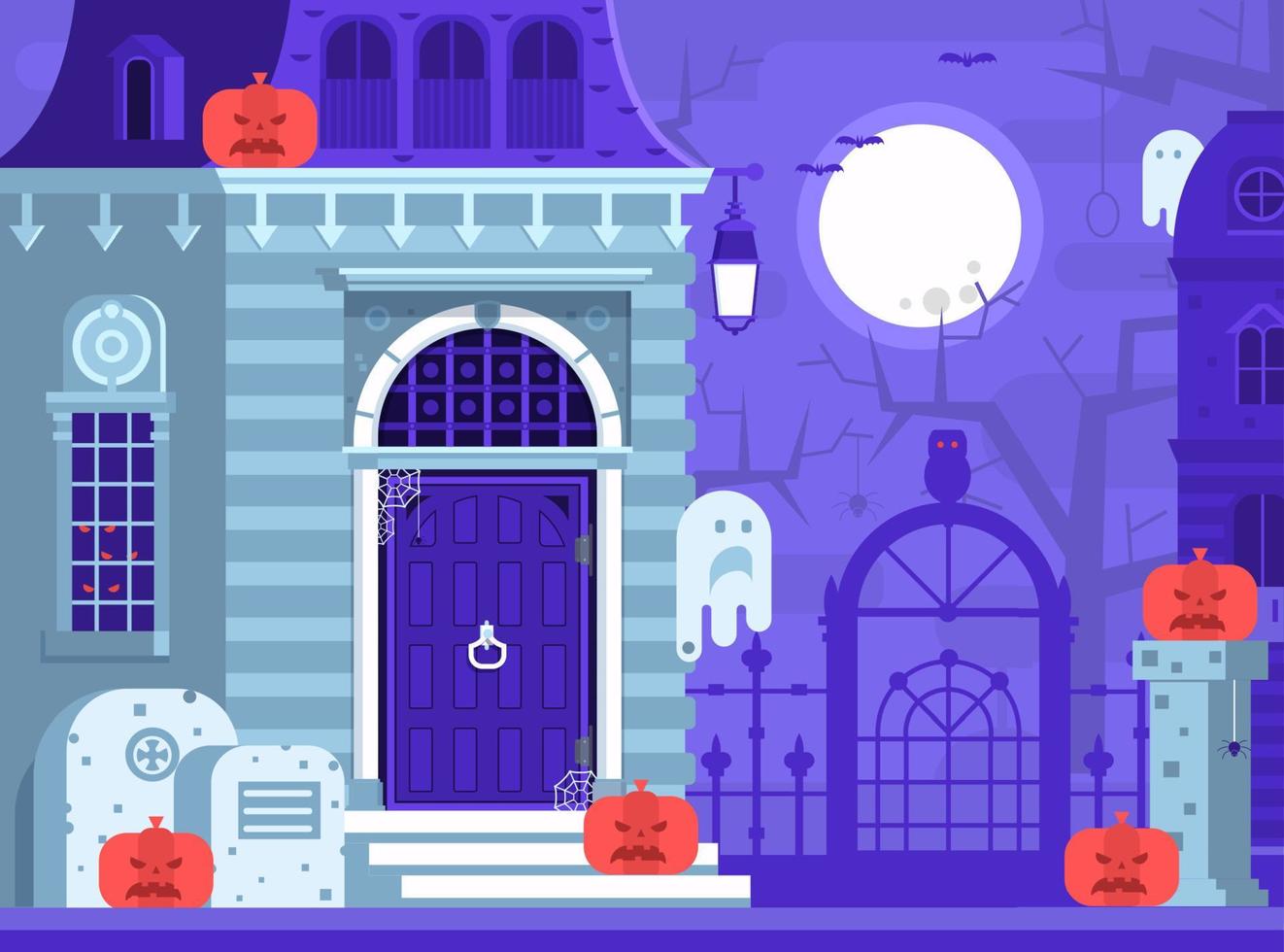 escena de halloween con casa embrujada vector