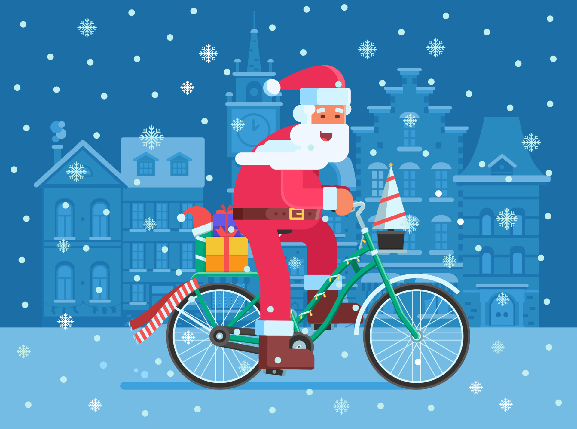 Santa with Gift Bag on Christmas Bike 13733484 Vector Art at Vecteezy