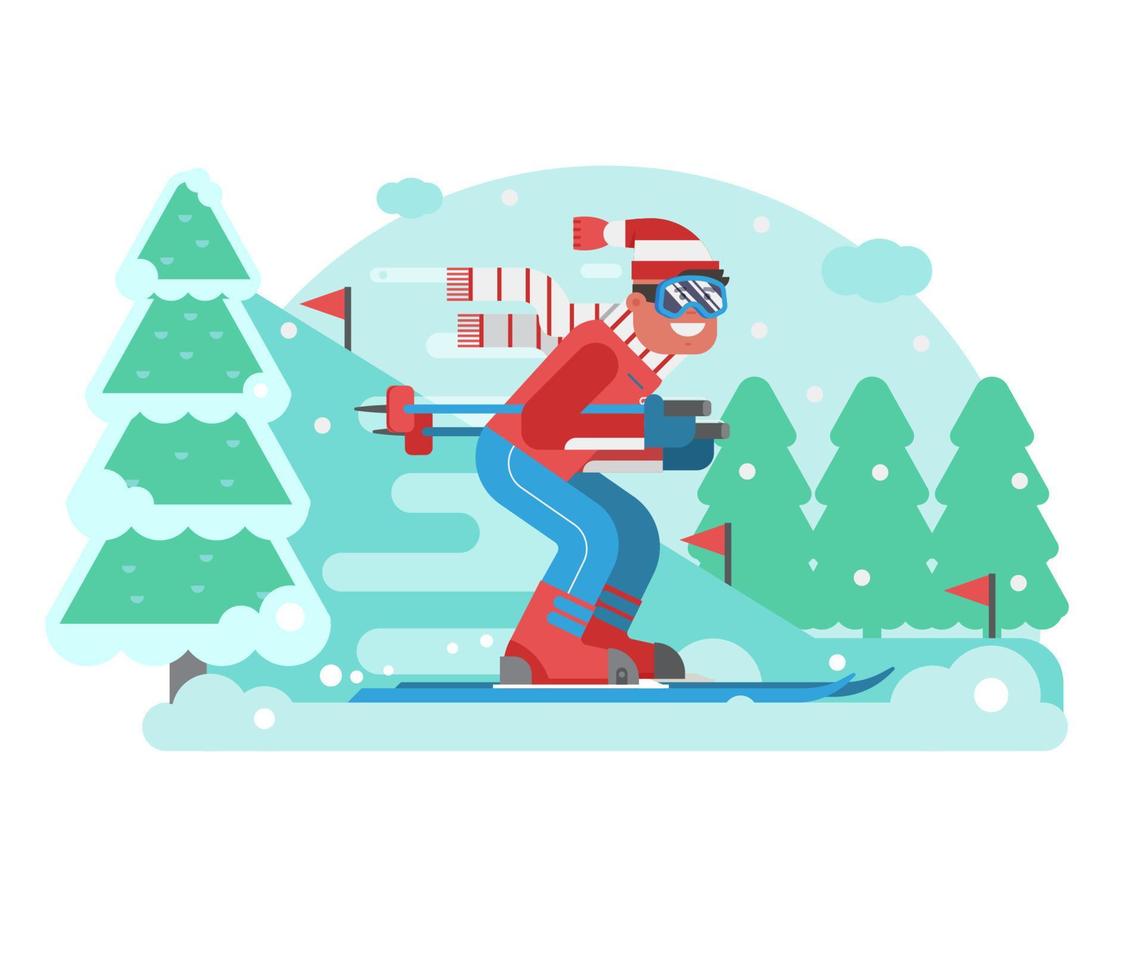 hombre de esquí de montaña montando en el bosque de invierno vector