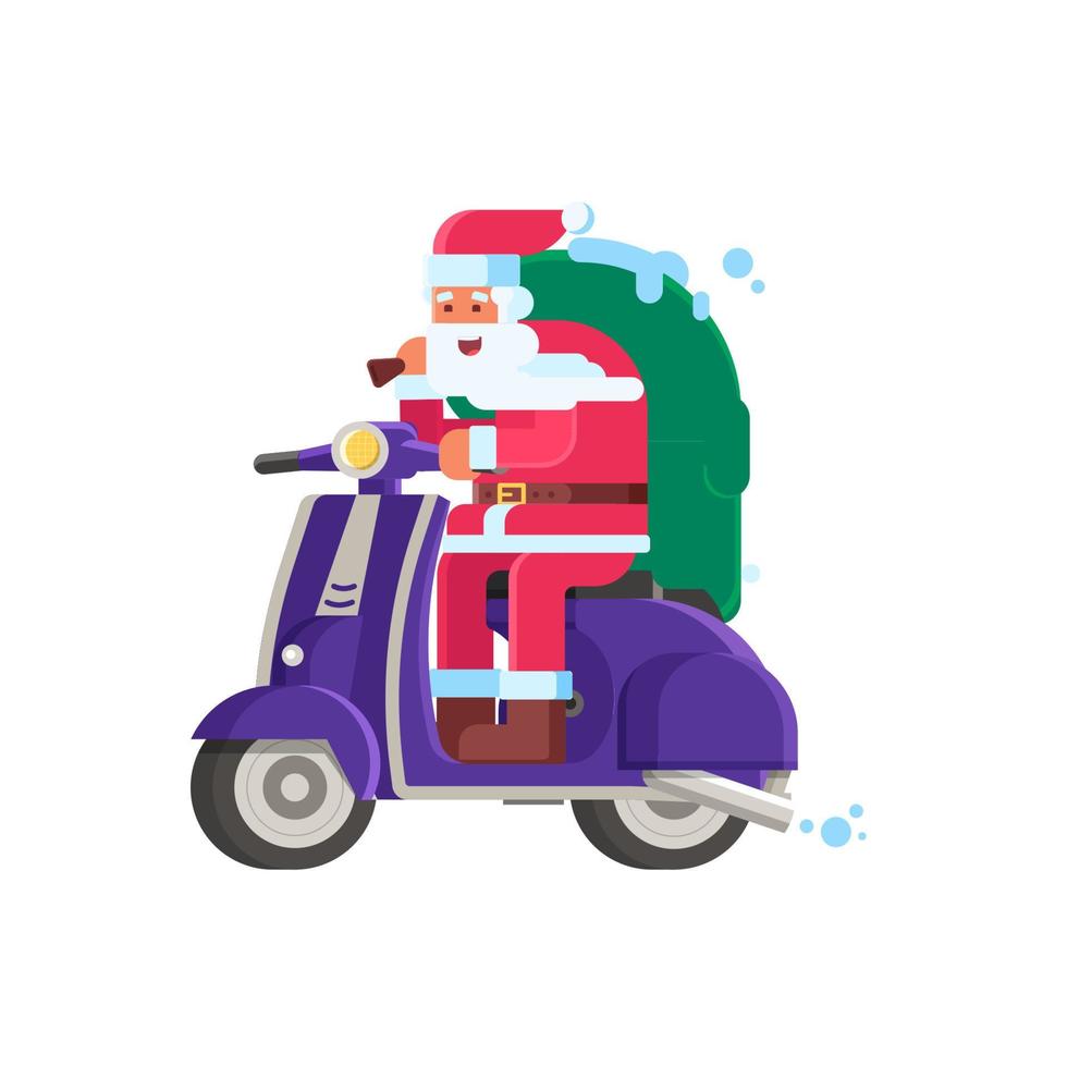 santa sonriente entregando regalos en scooter vector