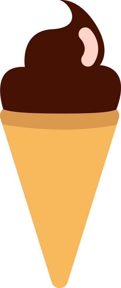 Dark chocolate ice cream on a cone, icon illustration, vector on white background