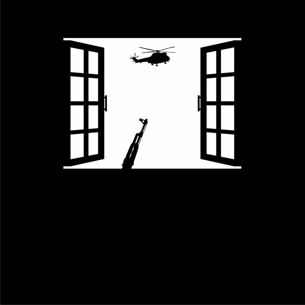 ametralladora y el ataque del helicóptero, vehículos militares en las ventanas. silueta visual de lo dramático de la guerra, conflicto, combate y/o batalla. ilustración vectorial vector