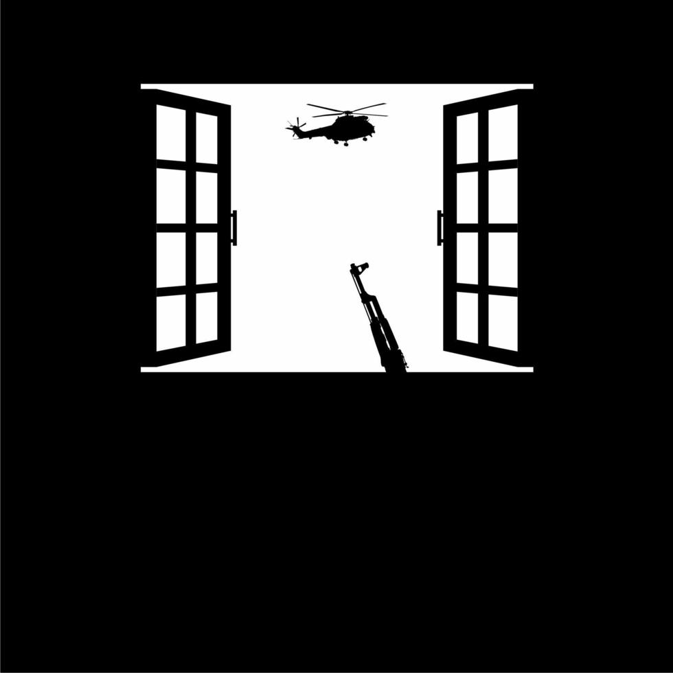 Machine Weapon Gun and the Helicopter Attack, Military Vehicles on the Windows. Silhouette Visual of the Dramatic of the War, Conflict, Combat and or Battle. Vector Illustration