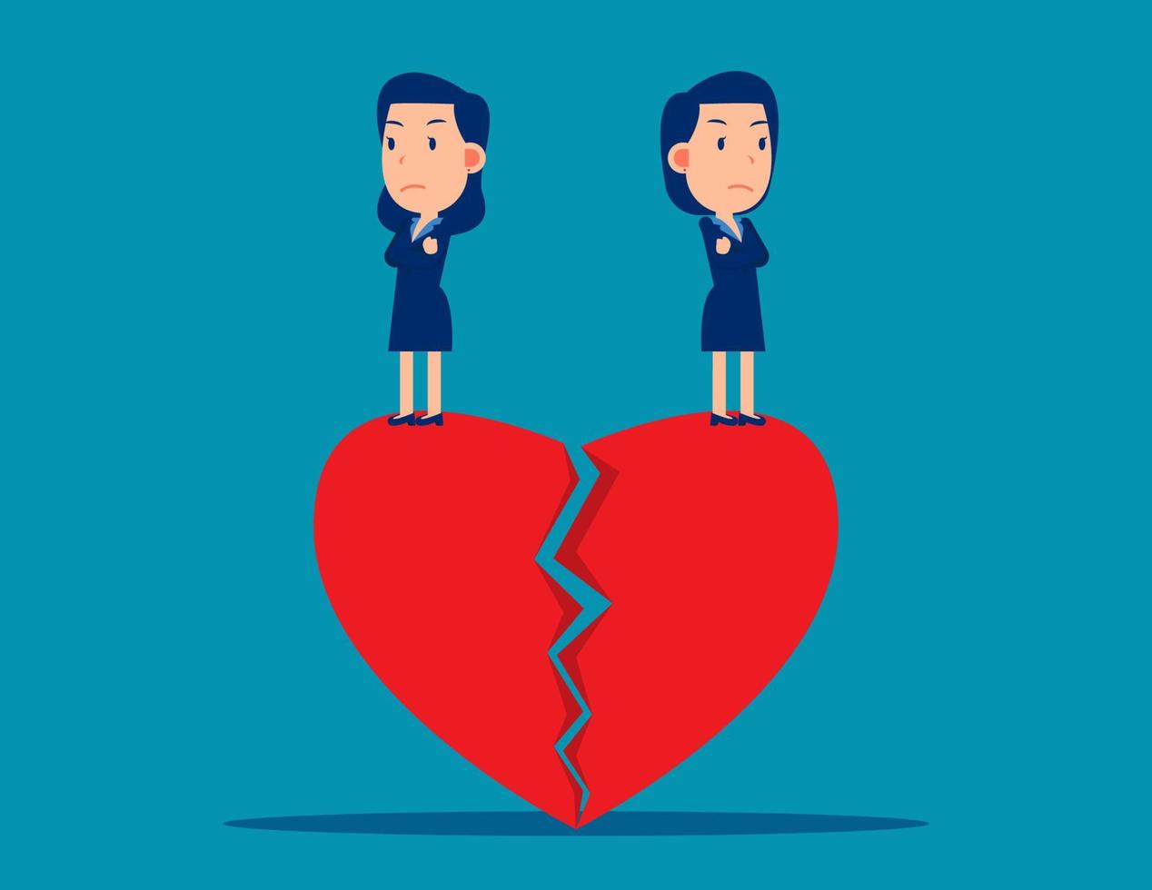 Couple standing on broken heart. Cute business cartoon vector design