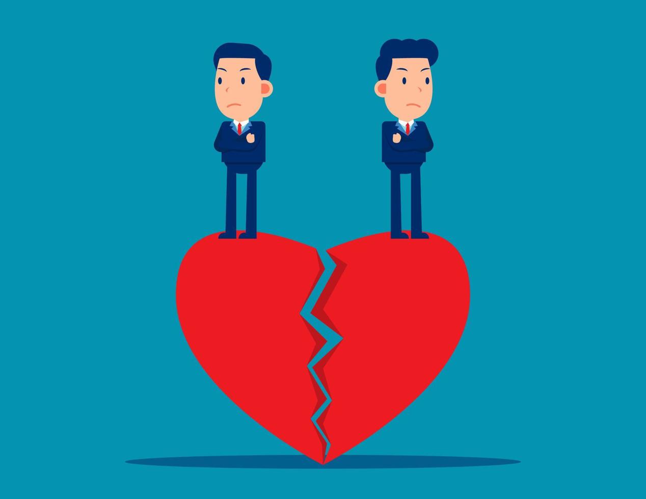 Couple standing on broken heart. Cute business cartoon vector design