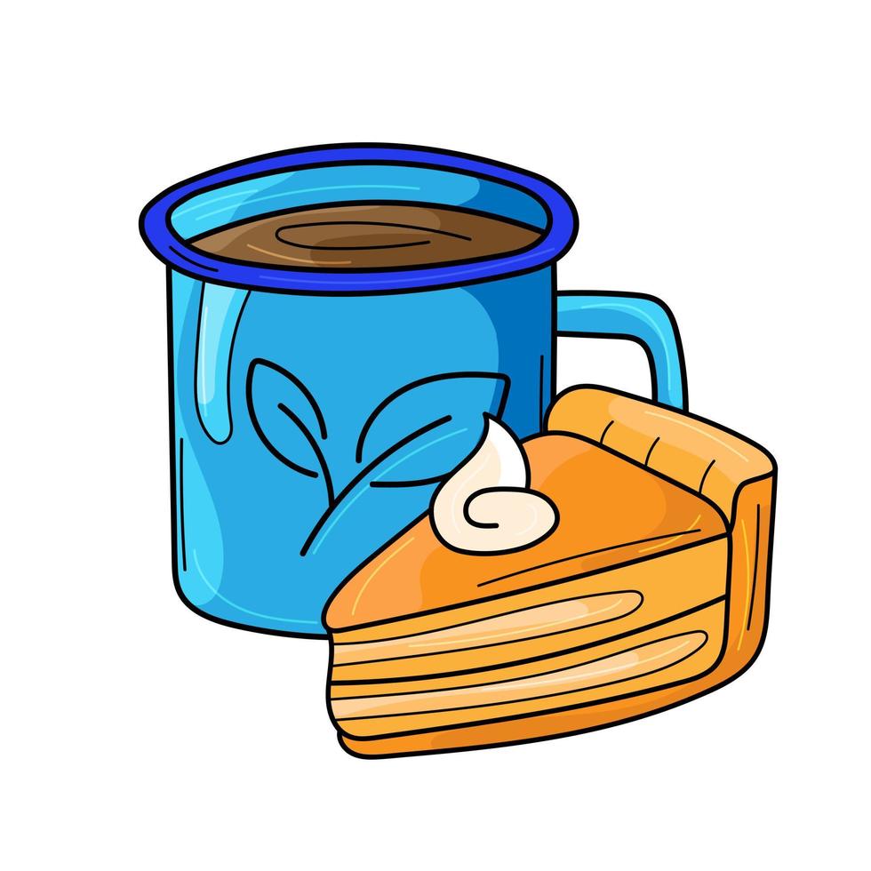 Hot tea in a cup and pumpkin pie. Cartoon vector illustration isolated on white background. Autumn mood. Bright colors