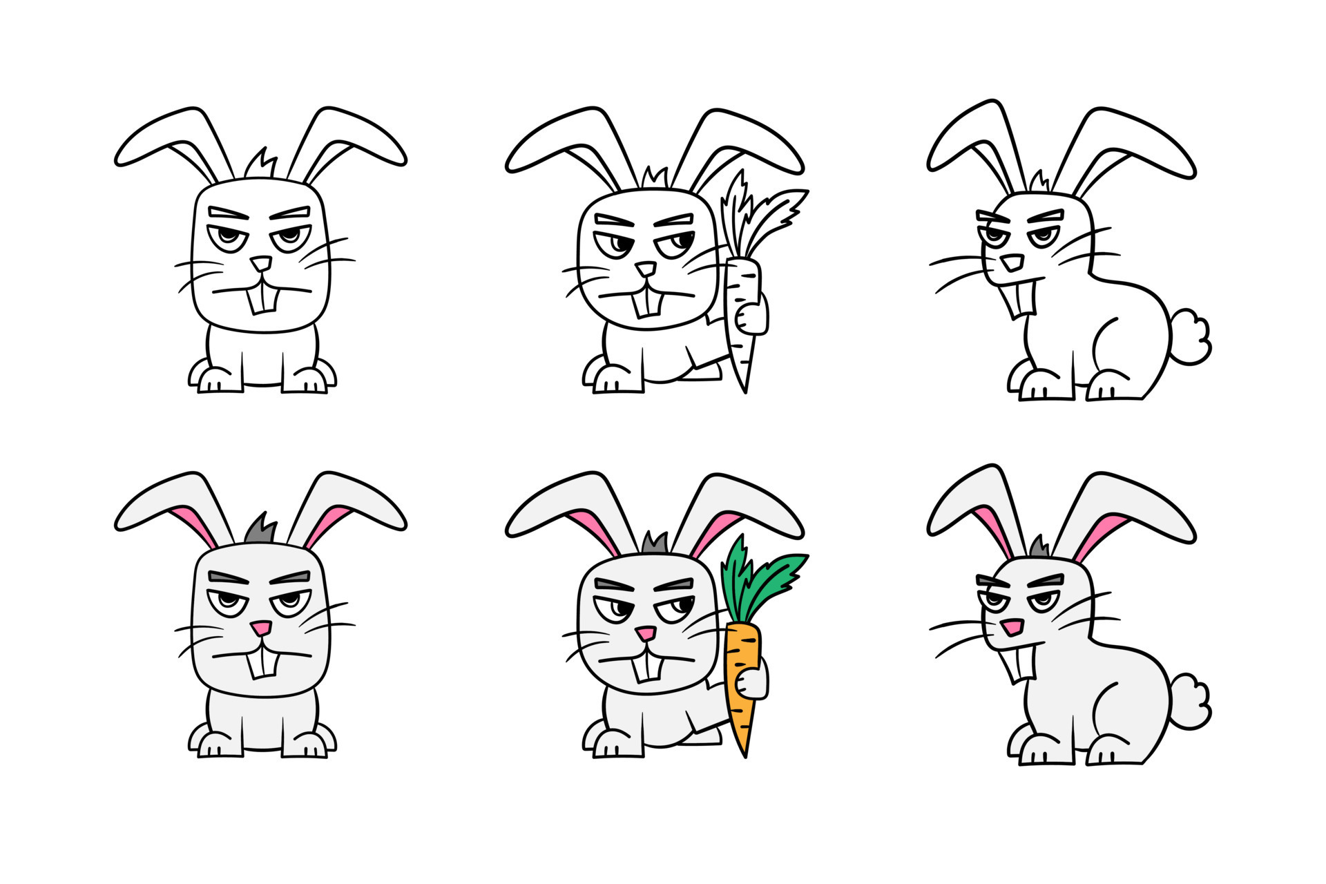 Funny angry rabbit. Set of black and white and colored rabbits on a