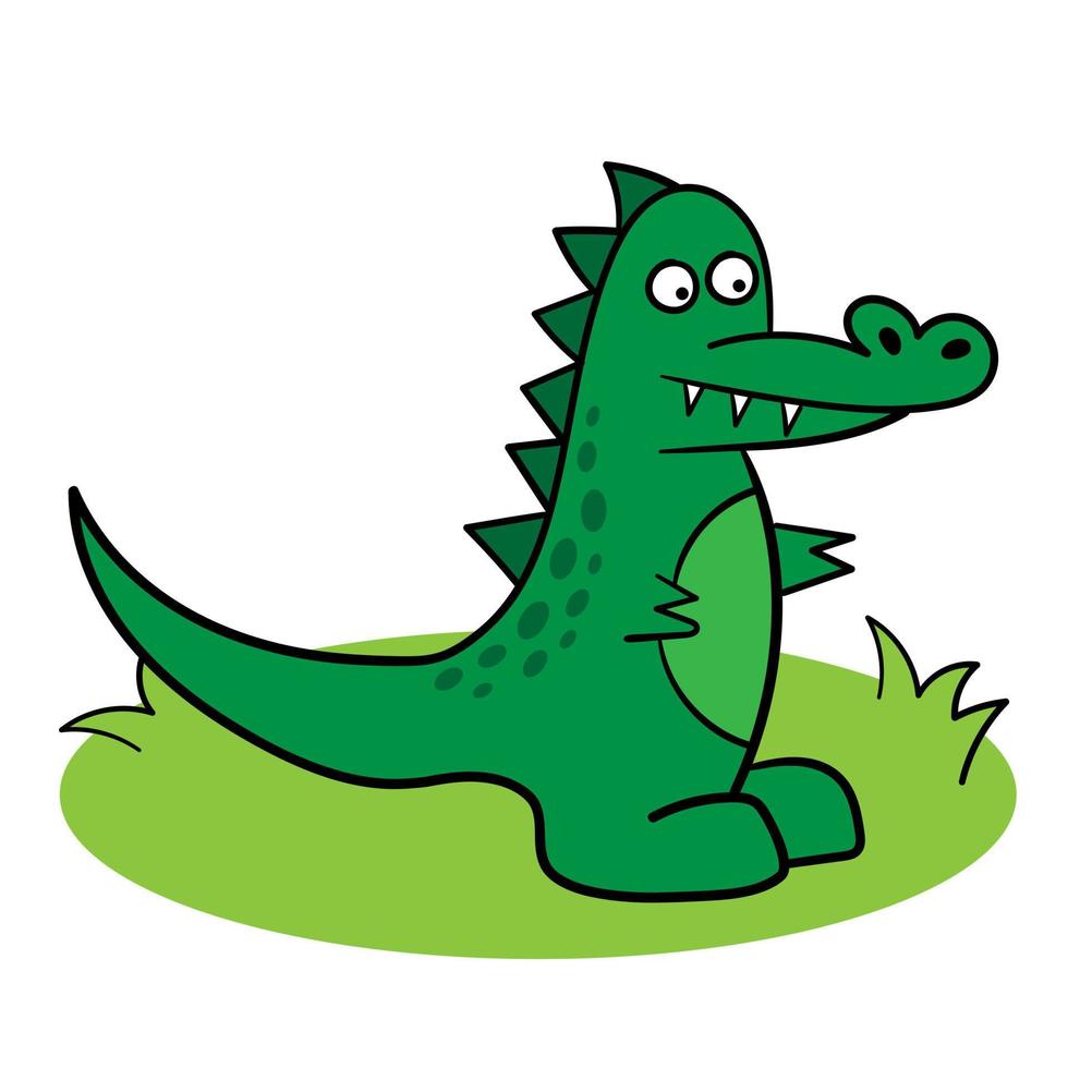 Cartoon green crocodile on green grass. Drawing on a white background. Simple children style vector