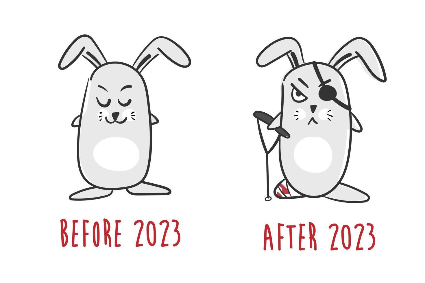 Cartoon rabbits. Cute and crippled rabbit. Symbol of 2023. Meme. Rabbit before and after after new year vector