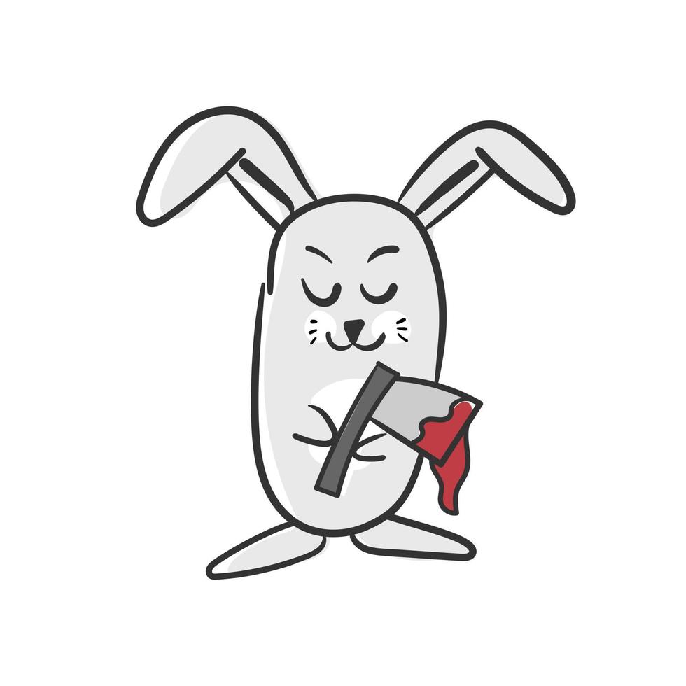 lindo conejo de dibujos animados con un hacha. una liebre sonriente es una asesina. hacha con gotas de sangre. vector sobre fondo blanco