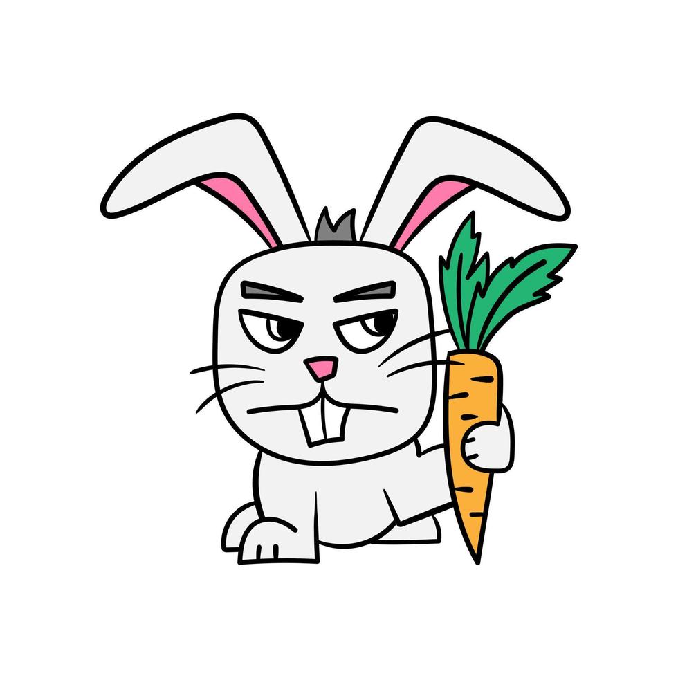 Vector illustration of a rabbit with a carrot. Angry or cunning rabbit. Cartoon vector on white background