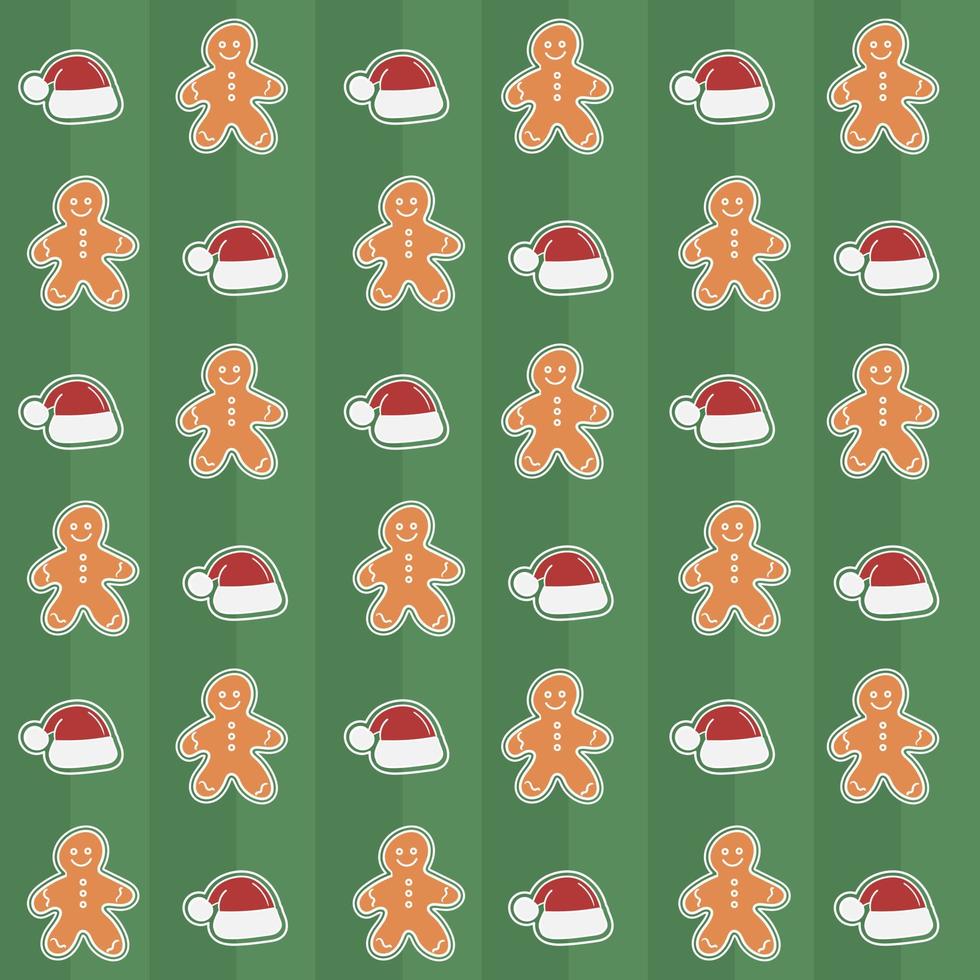 Seamless christmas pattern with gingerbread man and santa hat on green background. Vector illustration. Design for packaging, background, postcard