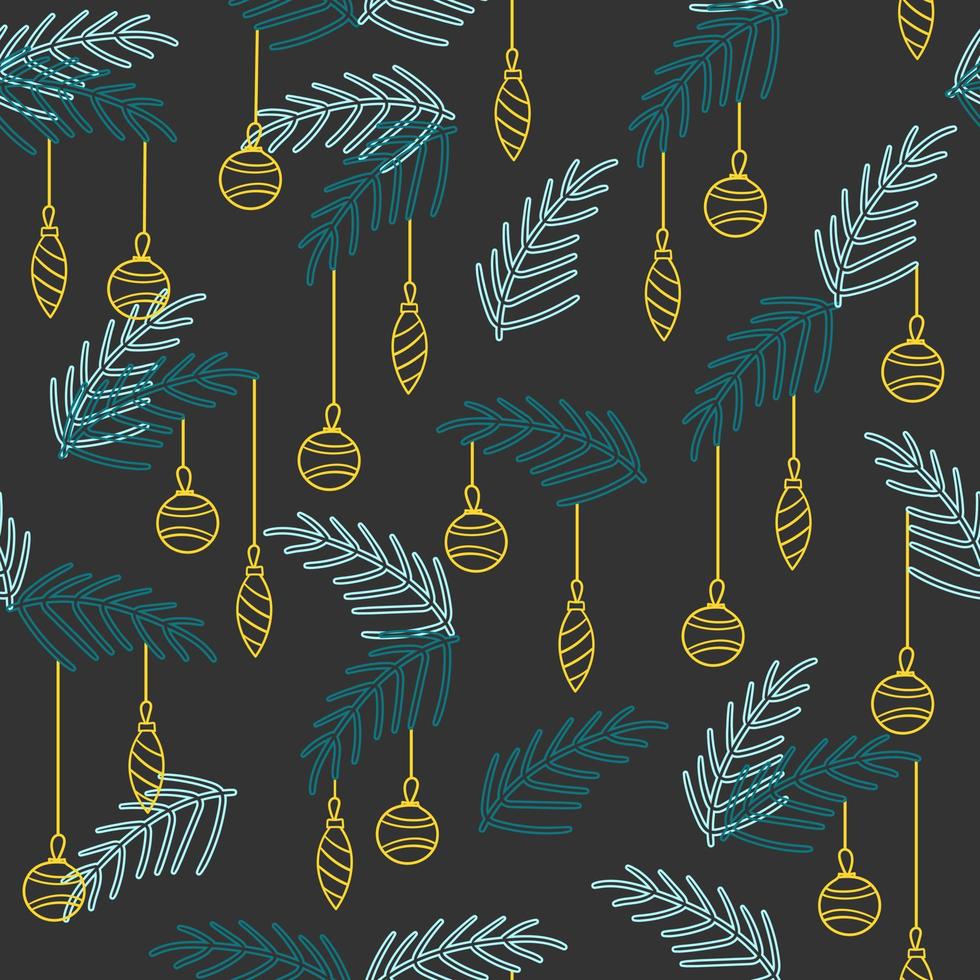 Christmas black seamless pattern with linear colored Christmas tree branches with balls. Wrapping paper for presents, for websites. Vector