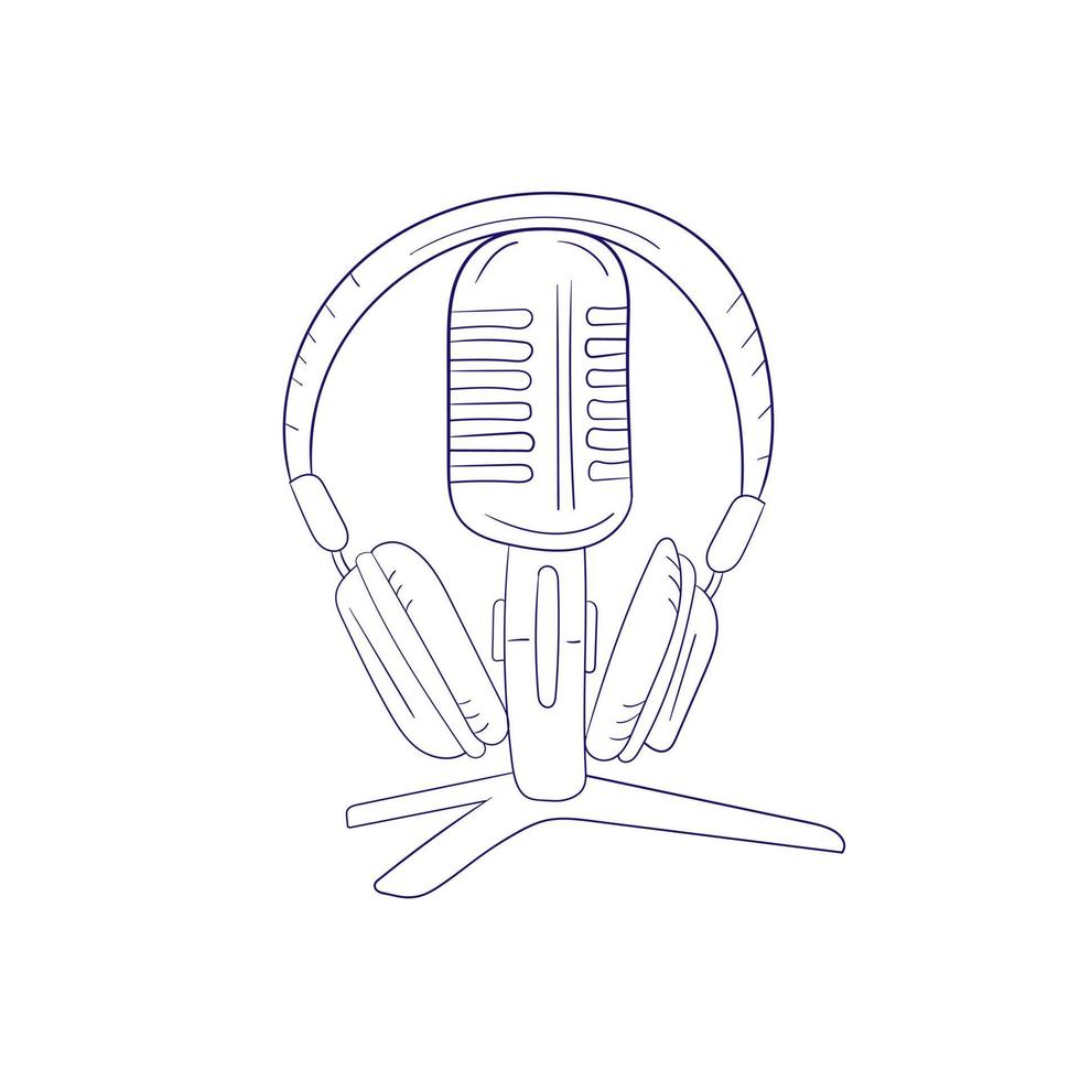 Microphone and headphones, podcast concept, vector illustration on white. Hand drawn icon for coloring book