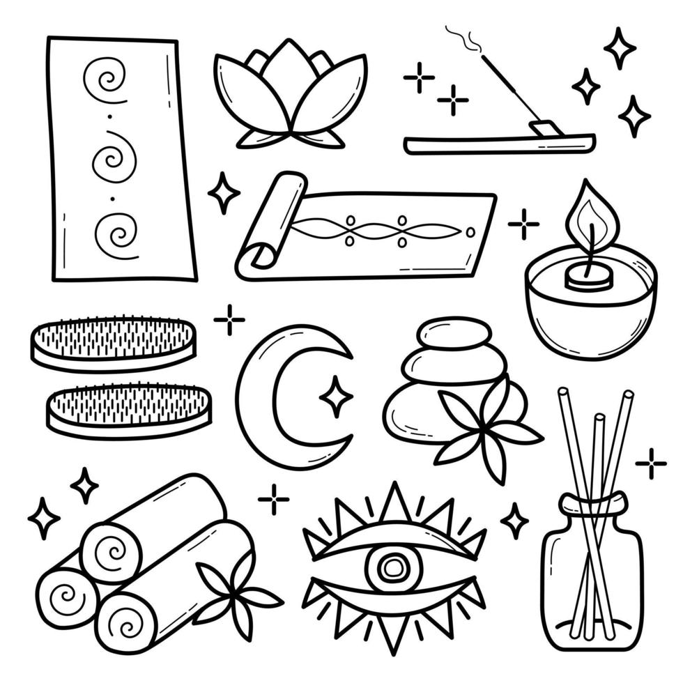 WebVector set of spa and yoga icons. Sketch or doodle style on white. Outline, coloring page elements vector