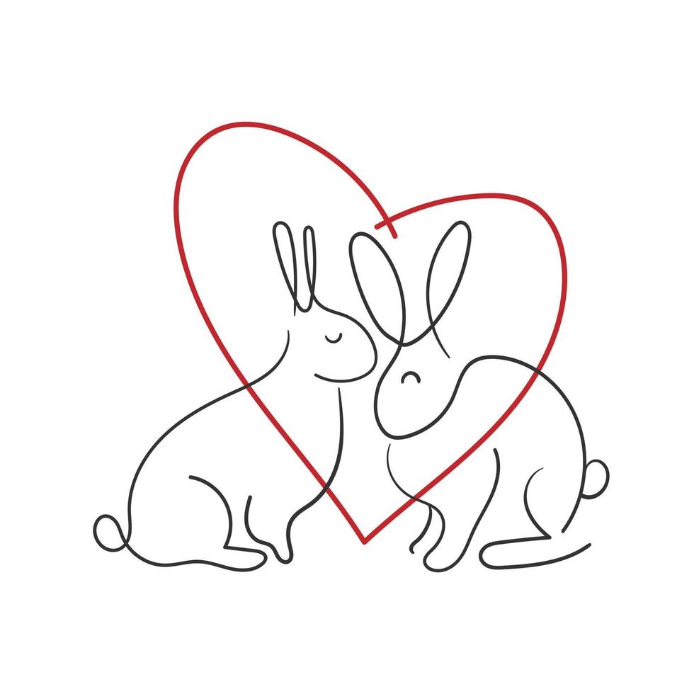 Hand drawn one line rabbits with red heart. One line drawing rabbit isolated. Love concept vector