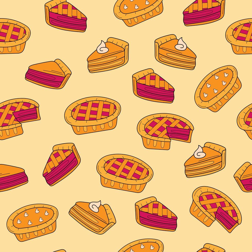 Vector seamless pattern background with pies for food design. Berry and pumpkin pie. Endless texture on light yellow background