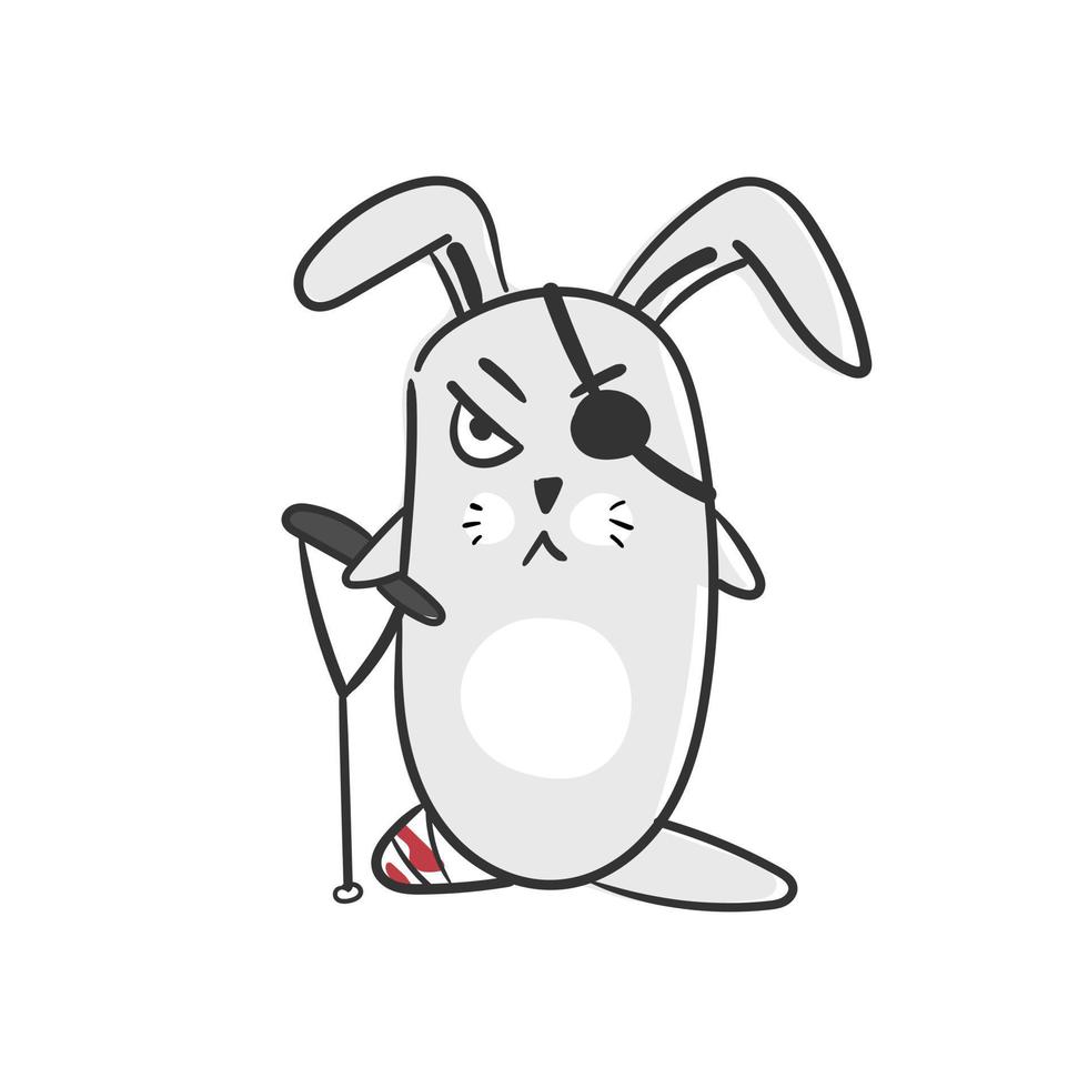 Cartoon angry rabbit with a broken leg and an eye patch. Drawn rabbit on a white background. Funny evil character vector