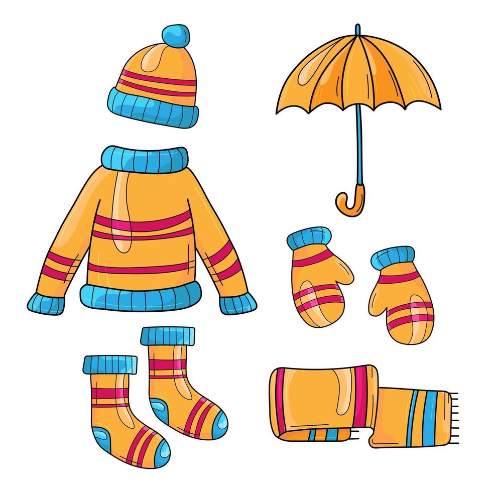 Set of autumn clothes in yellow orange color. Sweater, hat, scarf, socks, mittens and umbrella. Cartoon icons on white background. vector