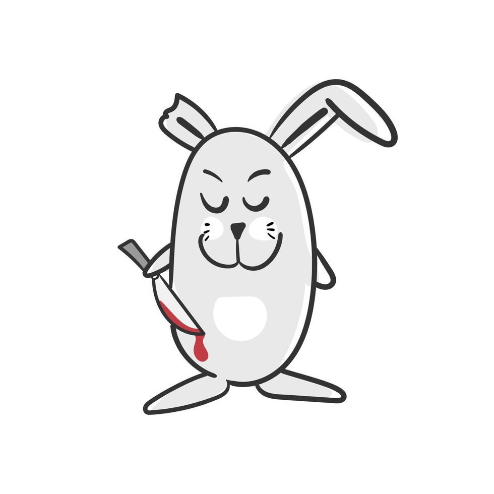 Cute cartoon rabbit with a knife and a bitten off ear. Halloween illustration on a white background. Smiling rabbit with closed eyes. Funny concept vector