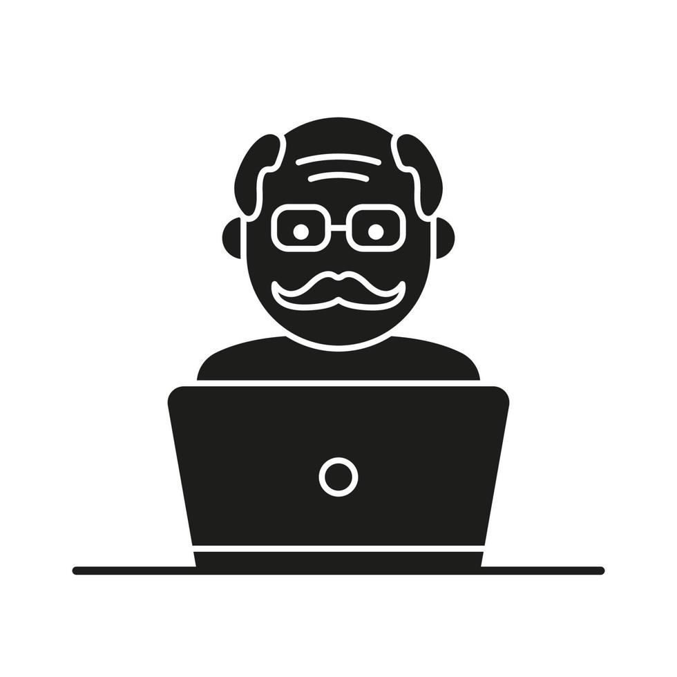 icono de silueta de hombre influyente de edad avanzada. blogger jubilado positivo creando contenido pictograma negro. persona mayor con icono de computadora. ilustración vectorial aislada. vector