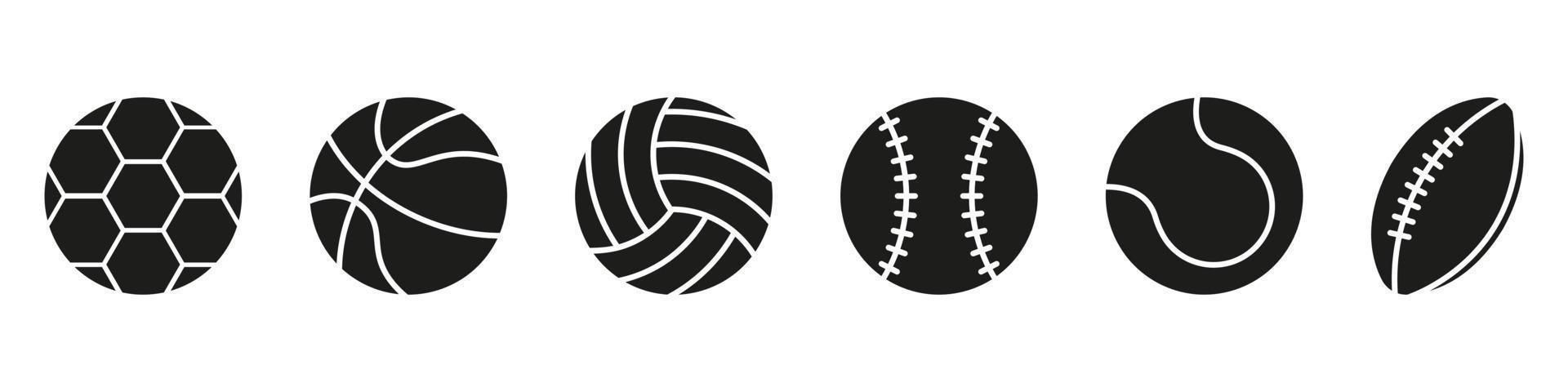 conjunto de icono de silueta de bolas de juego deportivo. colección de pelotas para baloncesto, béisbol, tenis, rugby, fútbol, pictograma negro de voleibol. ilustración vectorial aislada. vector