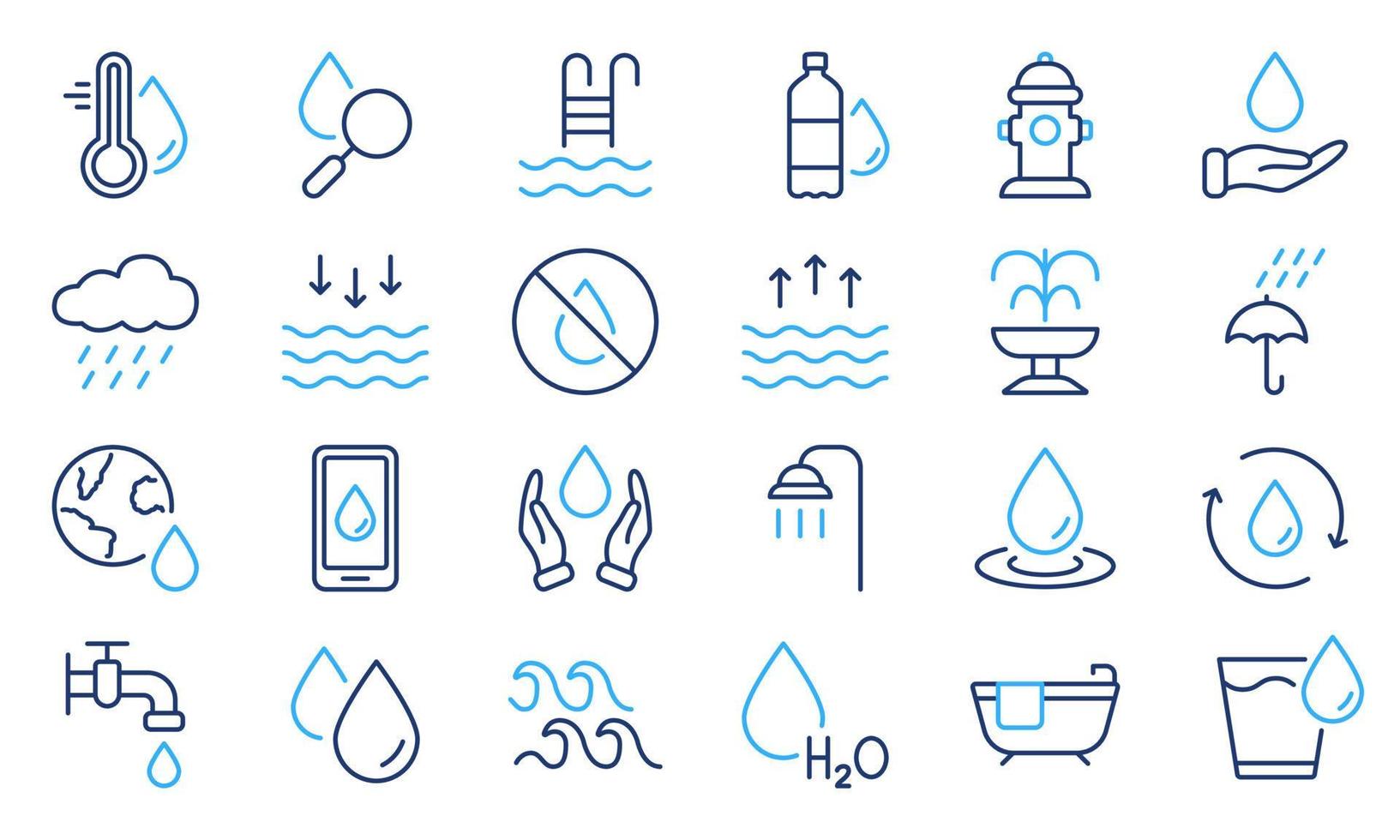 Mineral Water, Low and High Tide, Shower, Plastic Bottle and Glass Outline Pictogram. Fire Hydrant and Fountain. Water Line Icon Set. Drop Water Linear Icon. Editable stroke. Vector illustration.