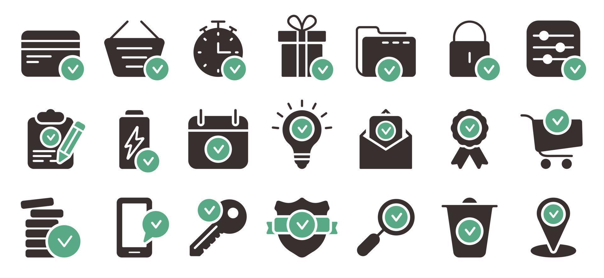 Checkmark Success Good Service Silhouette Icon Set. Confirmed Check Mark Quality Approved Stamp Glyph Pictogram. Guarantee Seal Icon Award Symbol. Approval Check Mark. Isolated Vector Illustration.