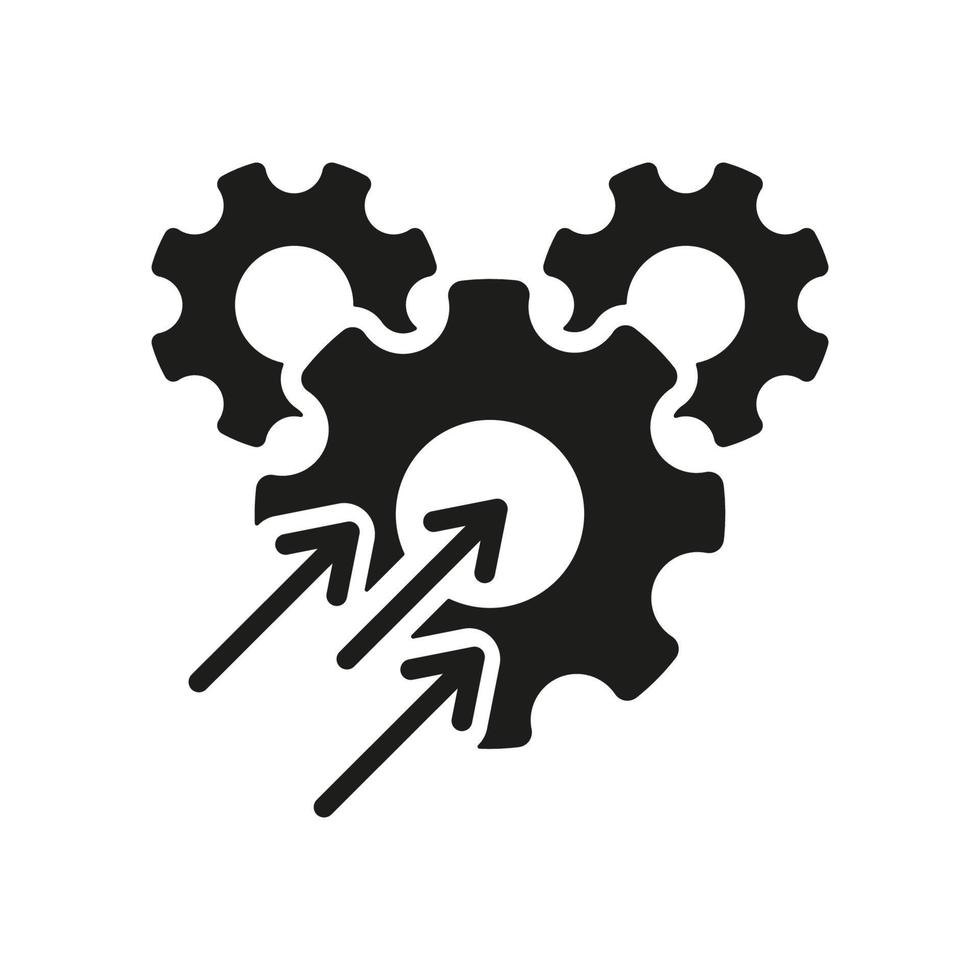 Gear with Increase Arrow Pictogram. Productivity Industry Process Silhouette Icon. Operational Production Growth Black Icon. Business Efficacy Optimize. Isolated Vector Illustration.