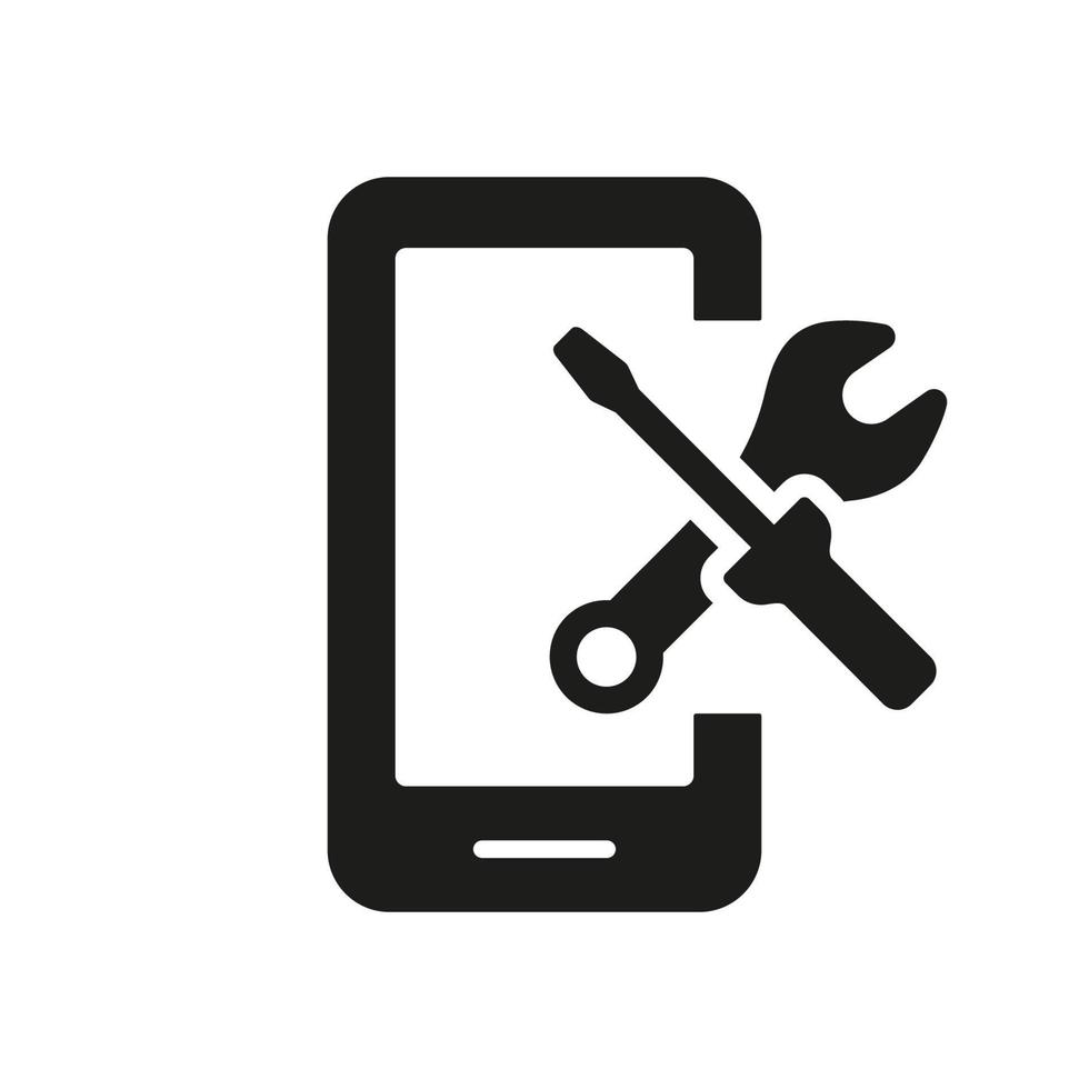 Service of Software Smartphone Silhouette Pictogram. Configuration and Technical Support of Cell Phone. Setting Up Applications on Mobile Phone Black Icon. Vector Isolated Illustration.
