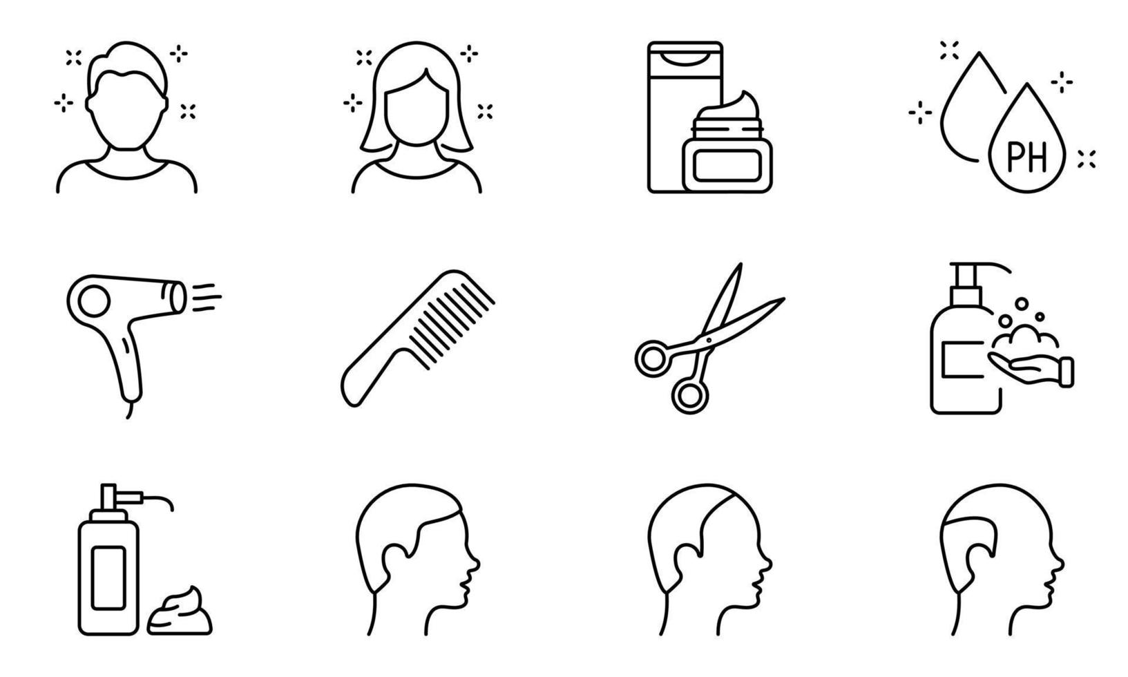 Barbershop and Hairdresser Line Icons. Hair Care and Hairdressing Tools Icons Set. Barber Comb, Scissors, Dryer, Shampoo and Shaving Cream. Editable Stroke. Isolated Vector Illustration.