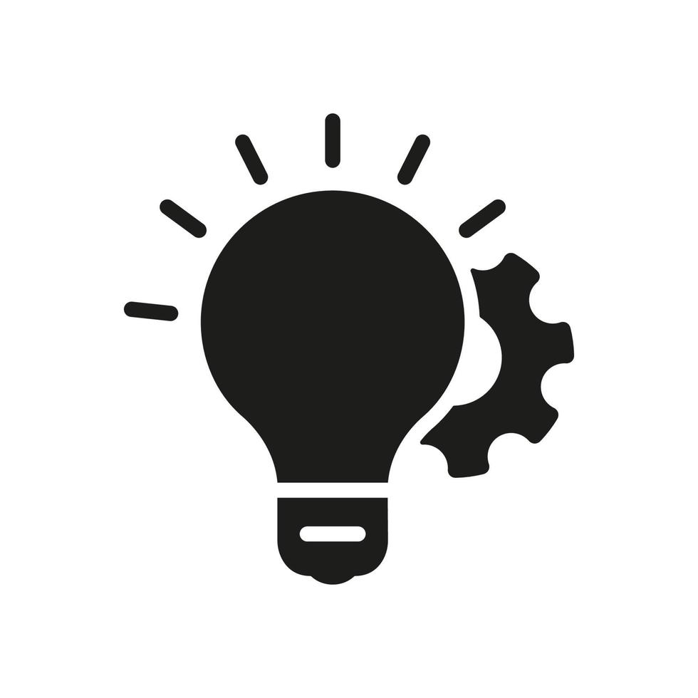 bombilla de innovación tecnológica, pictograma de rueda dentada. icono de silueta de solución de creatividad. icono negro del concepto de idea de bombilla y equipo. poder del cerebro ilustración vectorial aislada. vector