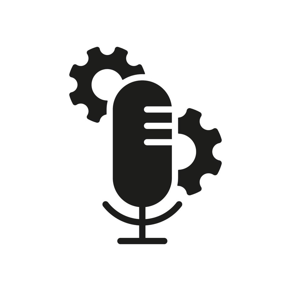 Microphone Sound Configuration Black Icon. Microphone and Gear, Cog Wheel. Audio Recording Settings Silhouette Pictogram. Regulate Mic Voice Icon. Isolated Vector Illustration.