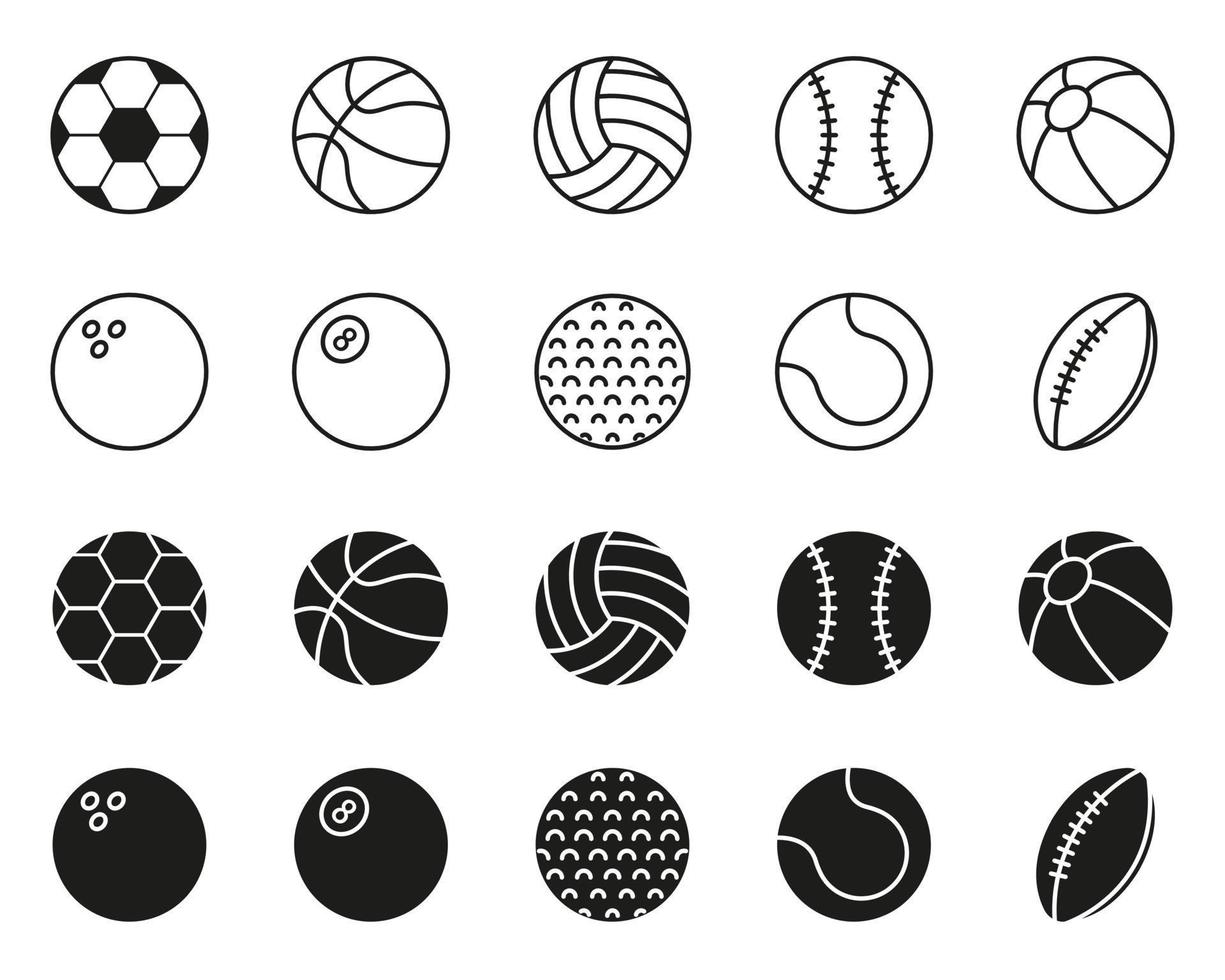 Collection of Balls for Basketball, Baseball, Tennis, Rugby, Soccer, Volleyball, Golf, Pool, Bowling Line and Silhouette Icon. Set of Sport Game Balls Icon. Editable Stroke. Vector Illustration.