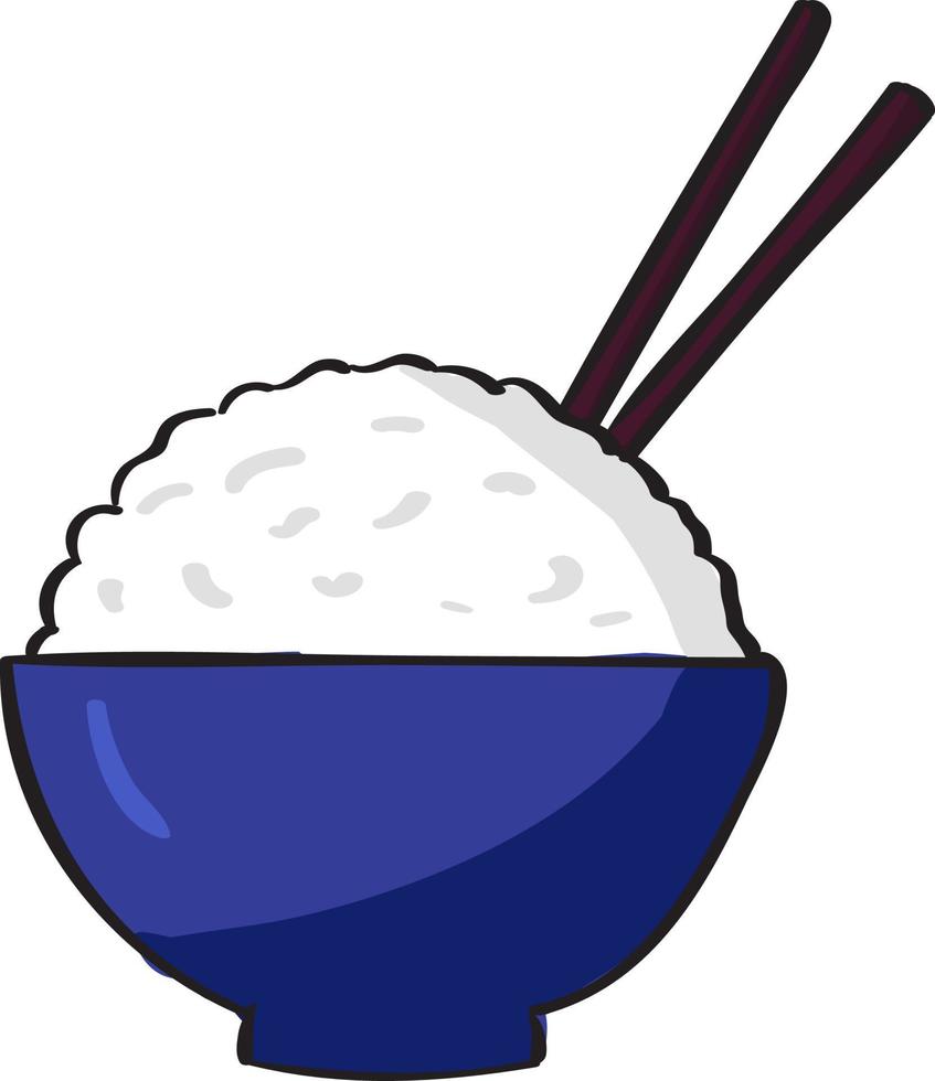 Rice in blue pot, illustration, vector on white background.