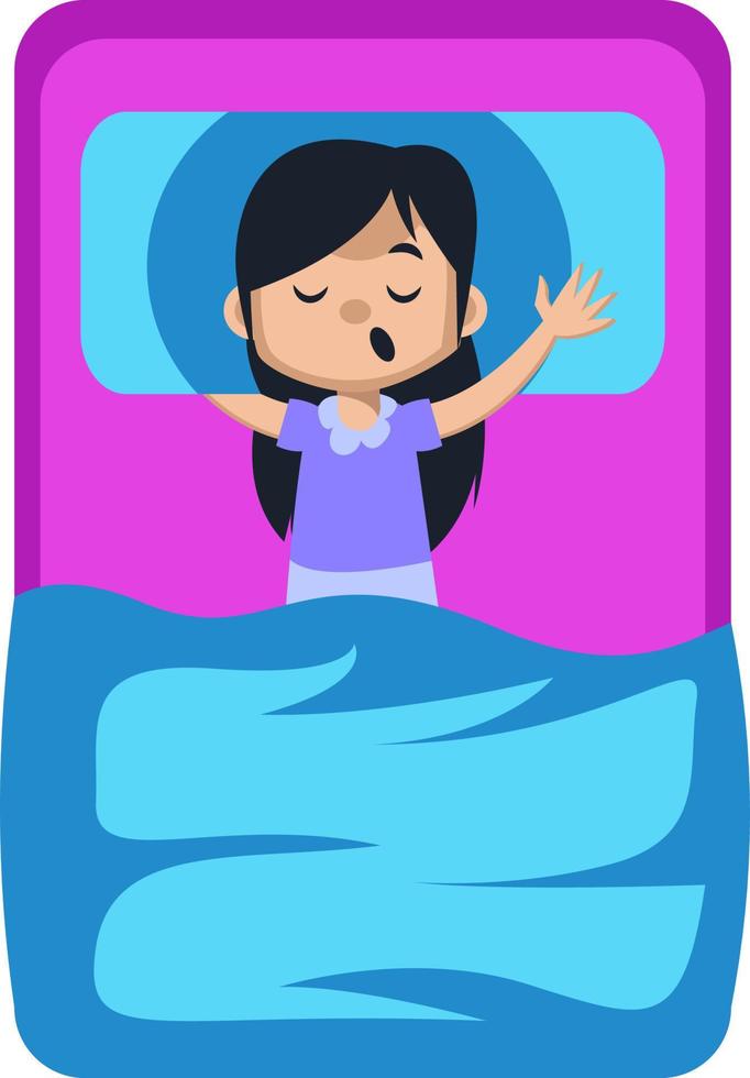 Girl sleeping in bed, illustration, vector on white background.