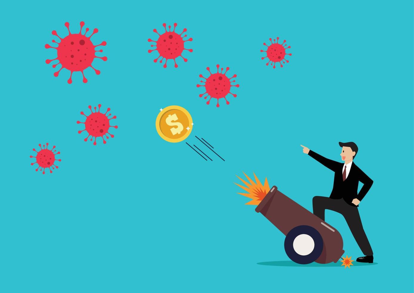 Businessman fighting with coronavirus by money shot from explosive cannon vector