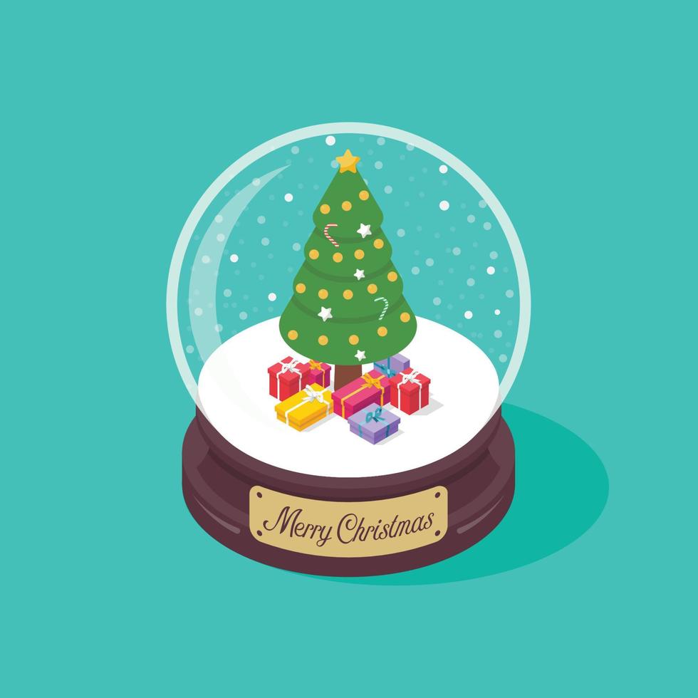 3D Merry christmas glass ball with Christmas tree and gift boxes vector
