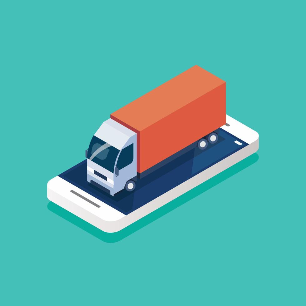 Cargo truck on the smartphone screen isometric vector