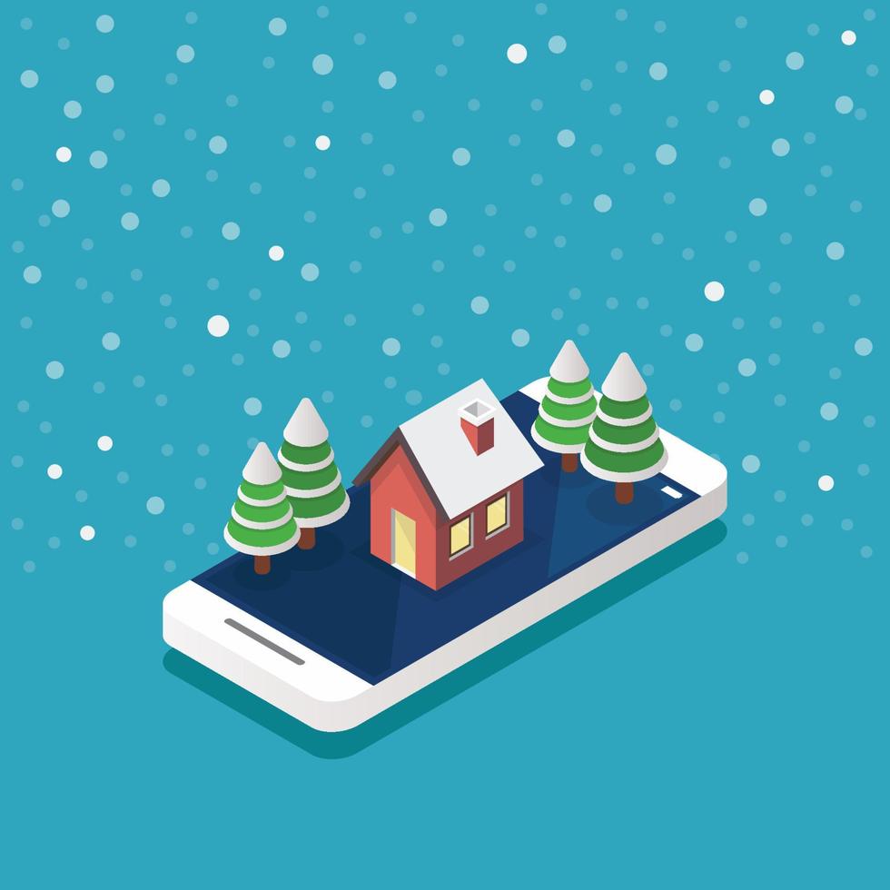christmas tree with gift boxes on smartphone screen isometric vector