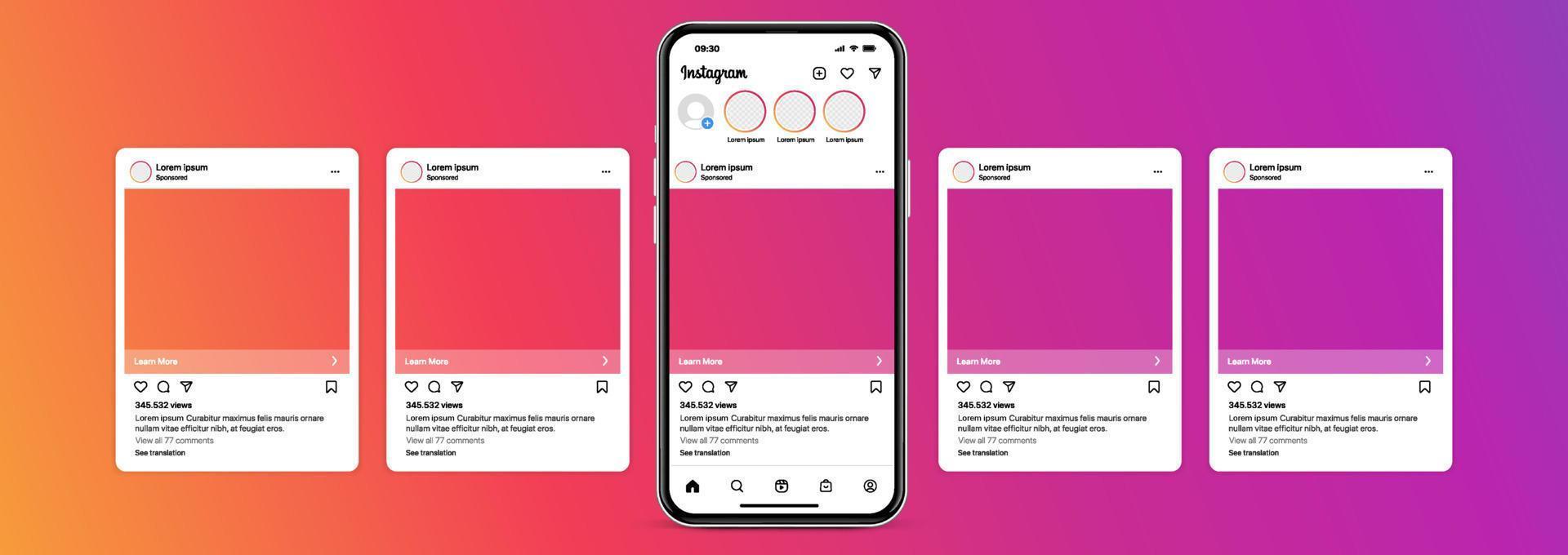 Instagram carousel post template mockup. Mobile app interface with