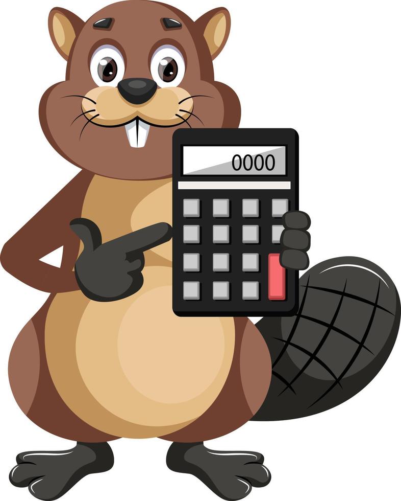 Beaver holding calculator, illustration, vector on white background.