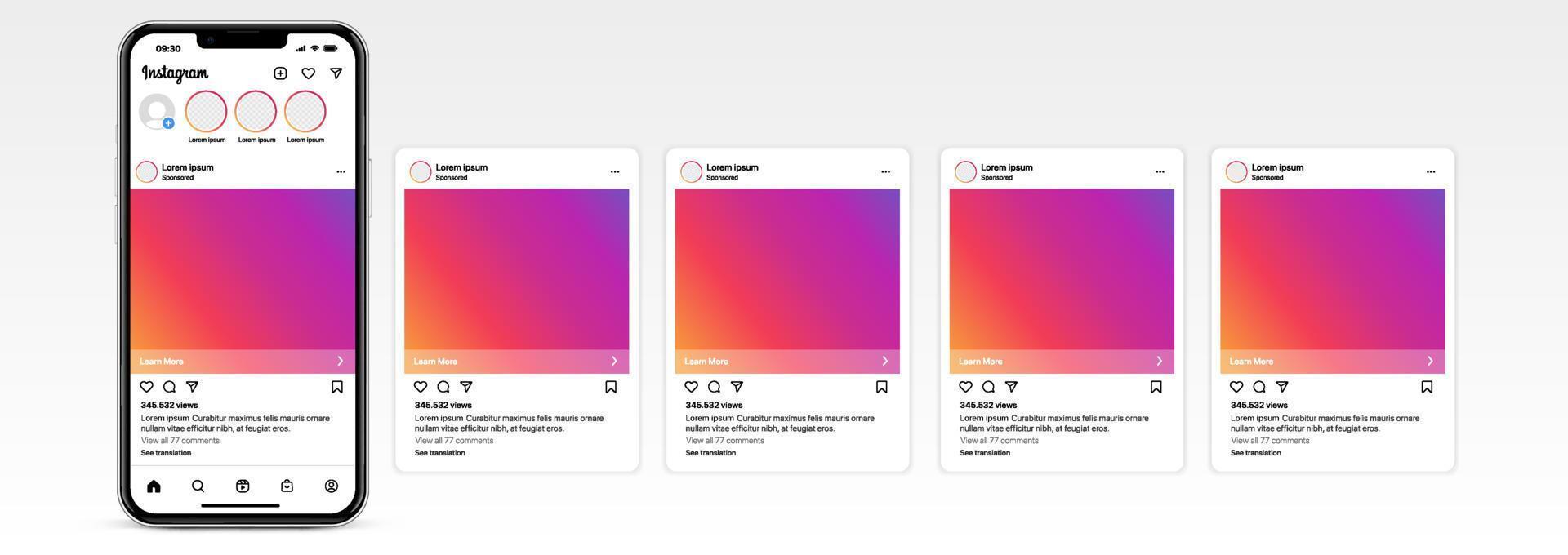 Instagram mockup app template screens on Apple iPhone vector set